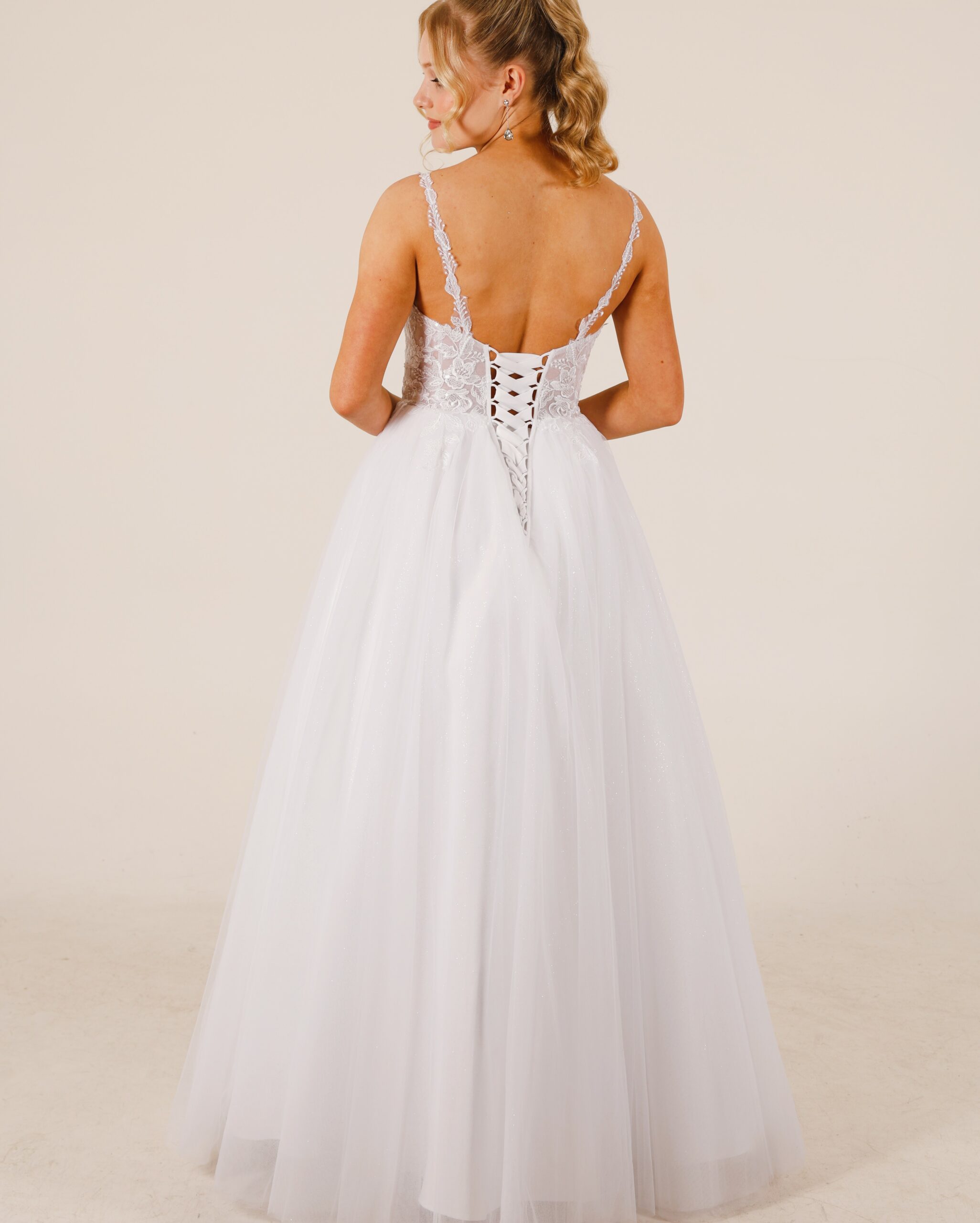 Lace and tulle deb dress with lace up back and flower straps