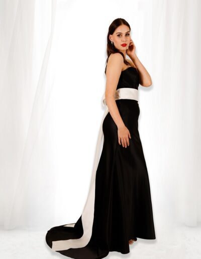 Black and Ivory satin fitted formal gown